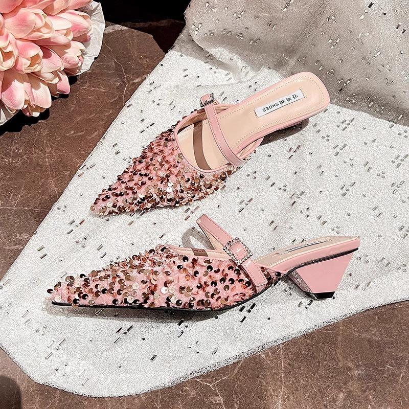 High Heels Women's Summer New Bag Head Sequins Pointed One-word Buckle Sandals Thick Heel Outer Slippers