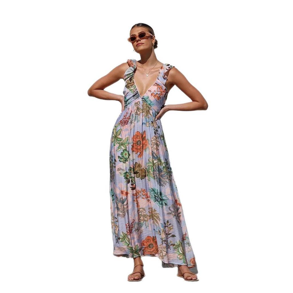 Women's Boho Floral Beach Dress Sleeveless Summer Deep V  Neck Maxi Dress Casual Smocked Flowy A-Line  Sundress Party Long Dresses for Women