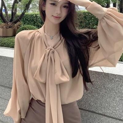 French Bow Tie Long Sleeve Chiffon Blouse Women's Loose Designer Versatile Mid Length Top