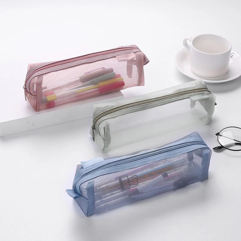 Translucent Simple Mesh Pen Bag Student Exam Stationery Bag Large Capacity Portable Stationery Storage Bag Study Supplies
