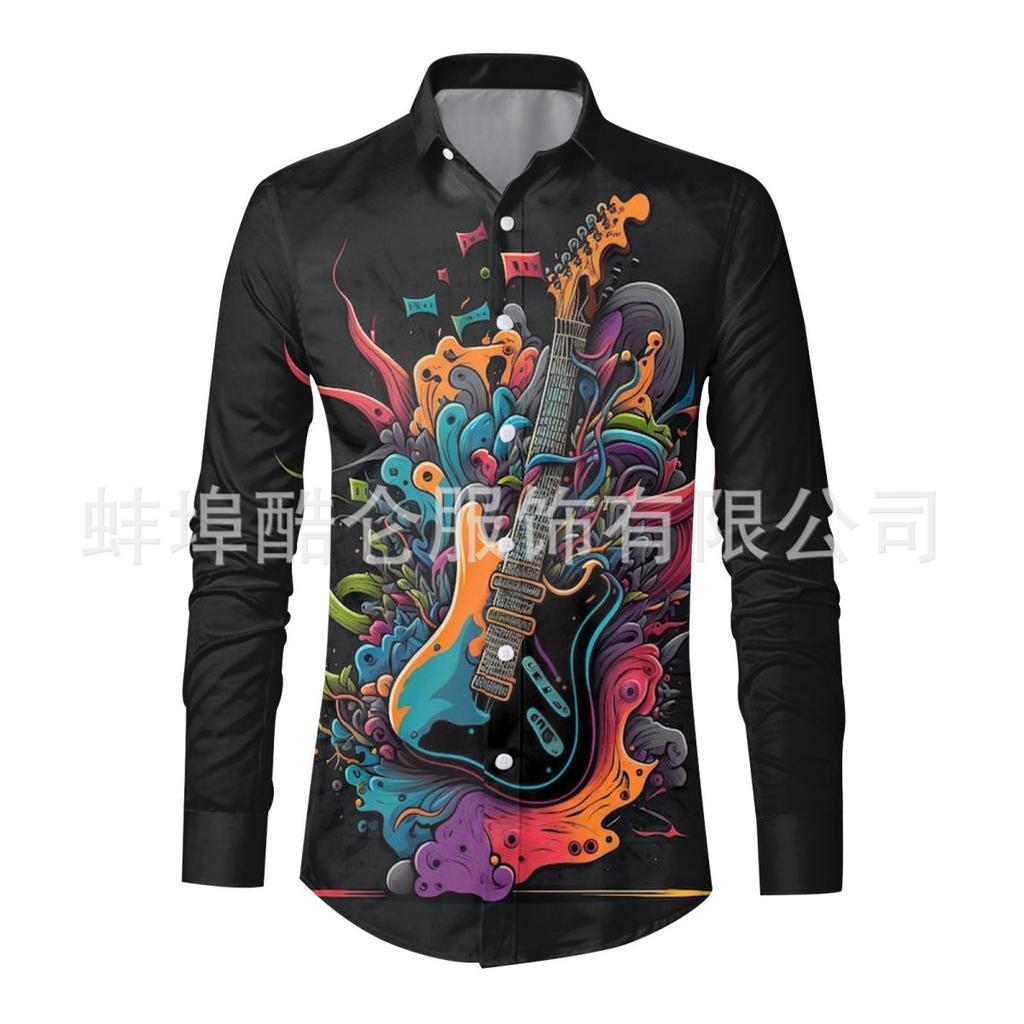 Stylish Long Sleeve Shirt with Saxophone Print, Ideal for Music Lovers