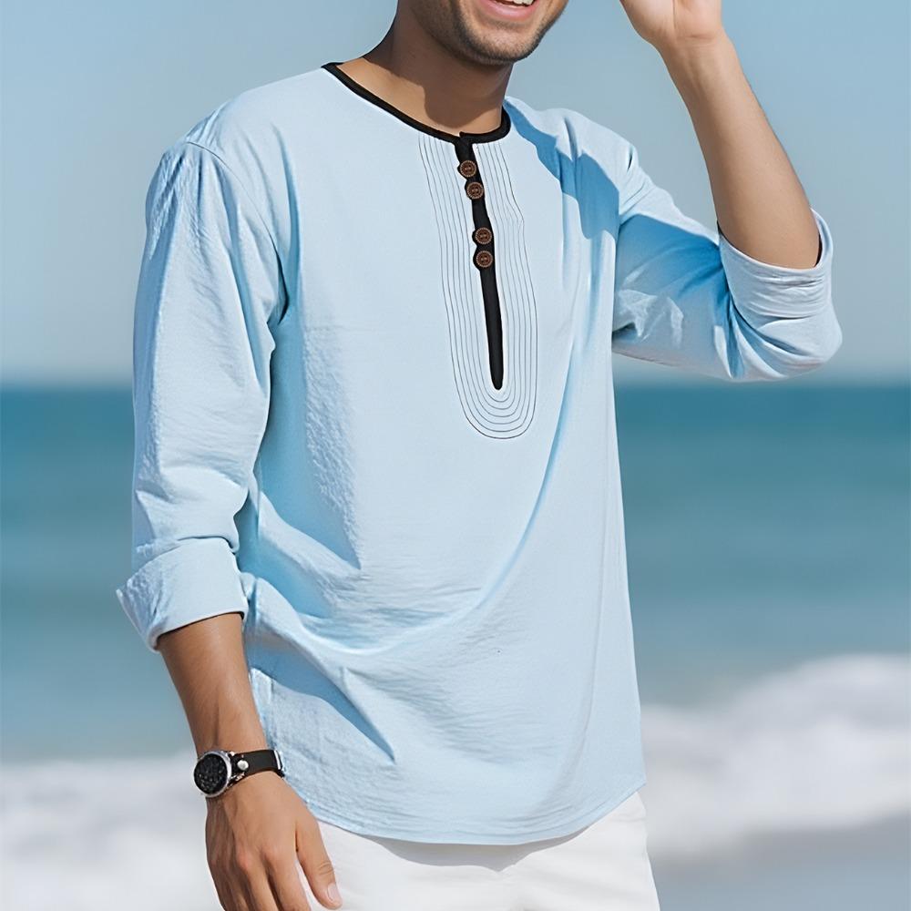 Pánské módní tričko s límečkem henley 95% len s dlouhým rukávem podzimní volné ležérní prošívané tričko pánské oblečení