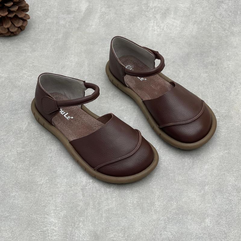 Johnature Sandálias rasteiras retrô artesanais de couro genuíno, casuais, versáteis, confortáveis, sola macia, sapatos femininos