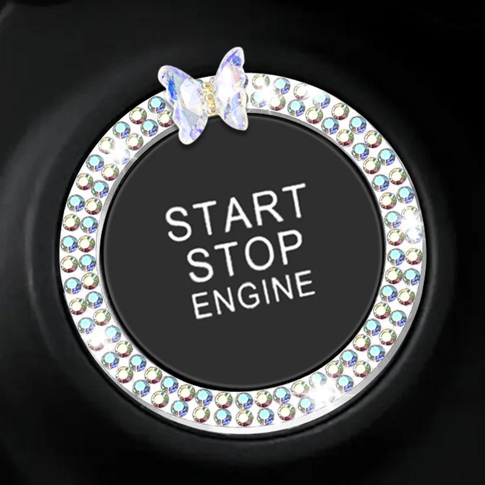 Rhinestone Crystal Butterfly Ring Car Ignition Button Decorative Cover Anti-Corrosion Easy To Install Car Accessories Interior