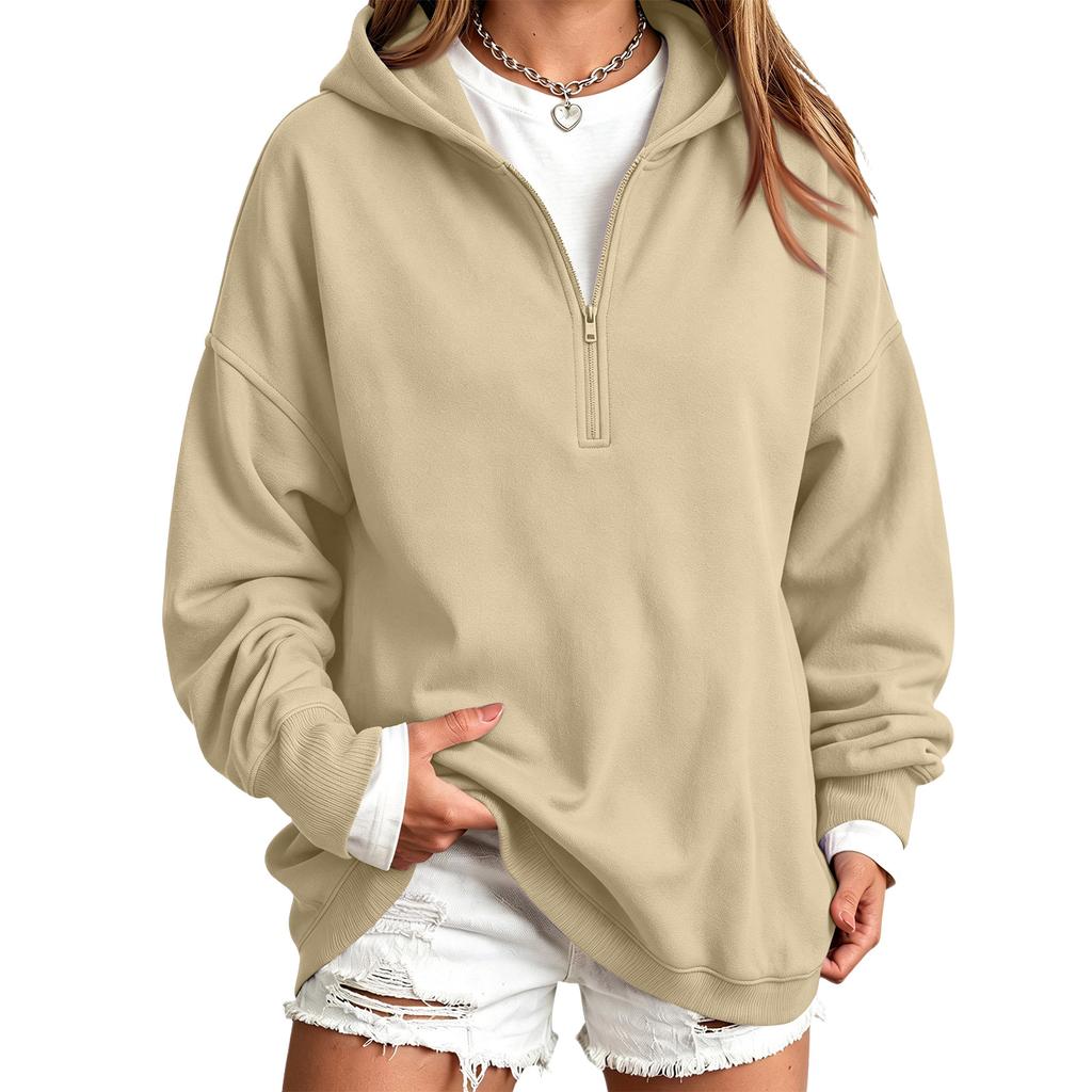 Women's Casual Half-Zip Hooded Pullover Sweatshirt, Color Long Sleeve