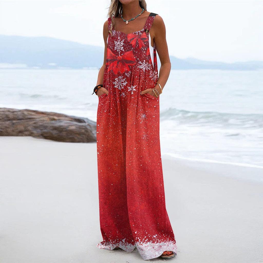 Women's Christmas Print Solid Wide Leg Strapless Tank Pocket Casual Onesie