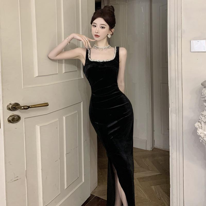 

Женское платье с квадратным вырезом, расшитое бисером, с разрезом, платье ручной работы L