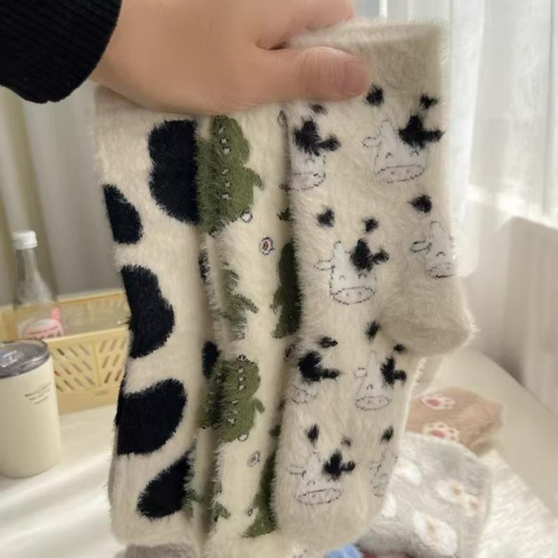 Cartoon Cute Cow Mink Velvet Socks Women Autumn Winter Soft Comfortable Mid Tube Sock Kawaii Plush Thermal Sleeping Floor Socks
