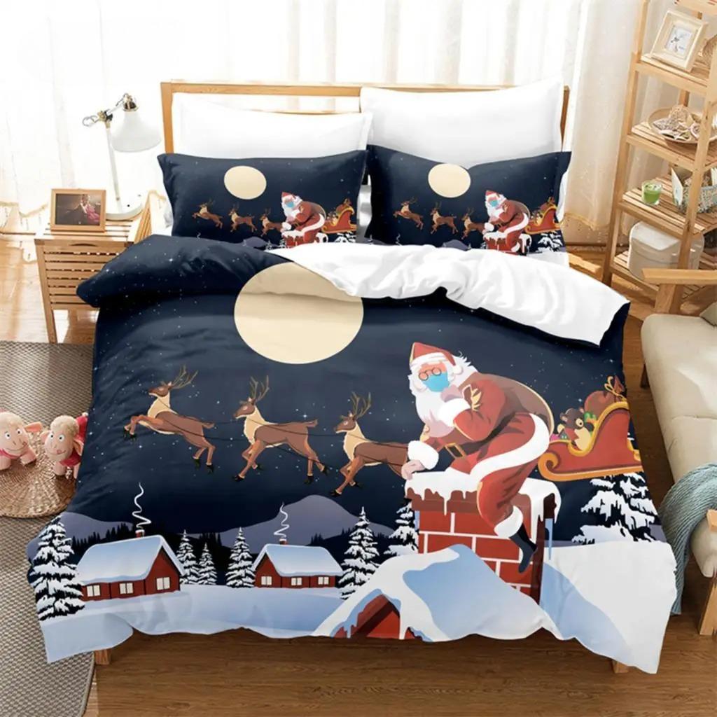 Weihnachts-Bettbezug-Set mit Weihnachtsmann-Motiv, Weihnachtsschlitten-Bettwäsche-Set, weich, bequem, atmungsaktiv, Bettbezug für Schlafzimmer und Gästezimmer
