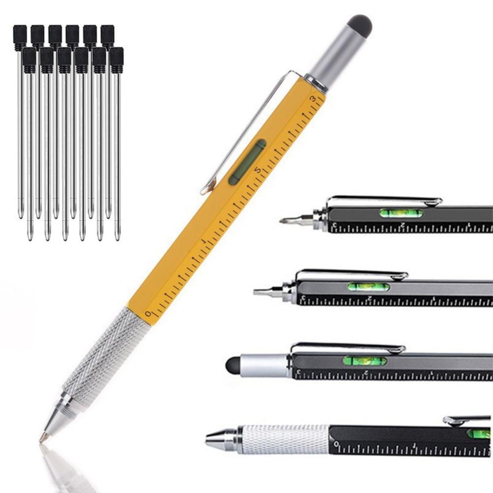 6 in 1 Multifunctional Pen Touch Screen Stylus Capacitive Pen with Screwdriver Ruler Levelgauge Refillable Ballpoint Pencil Tool