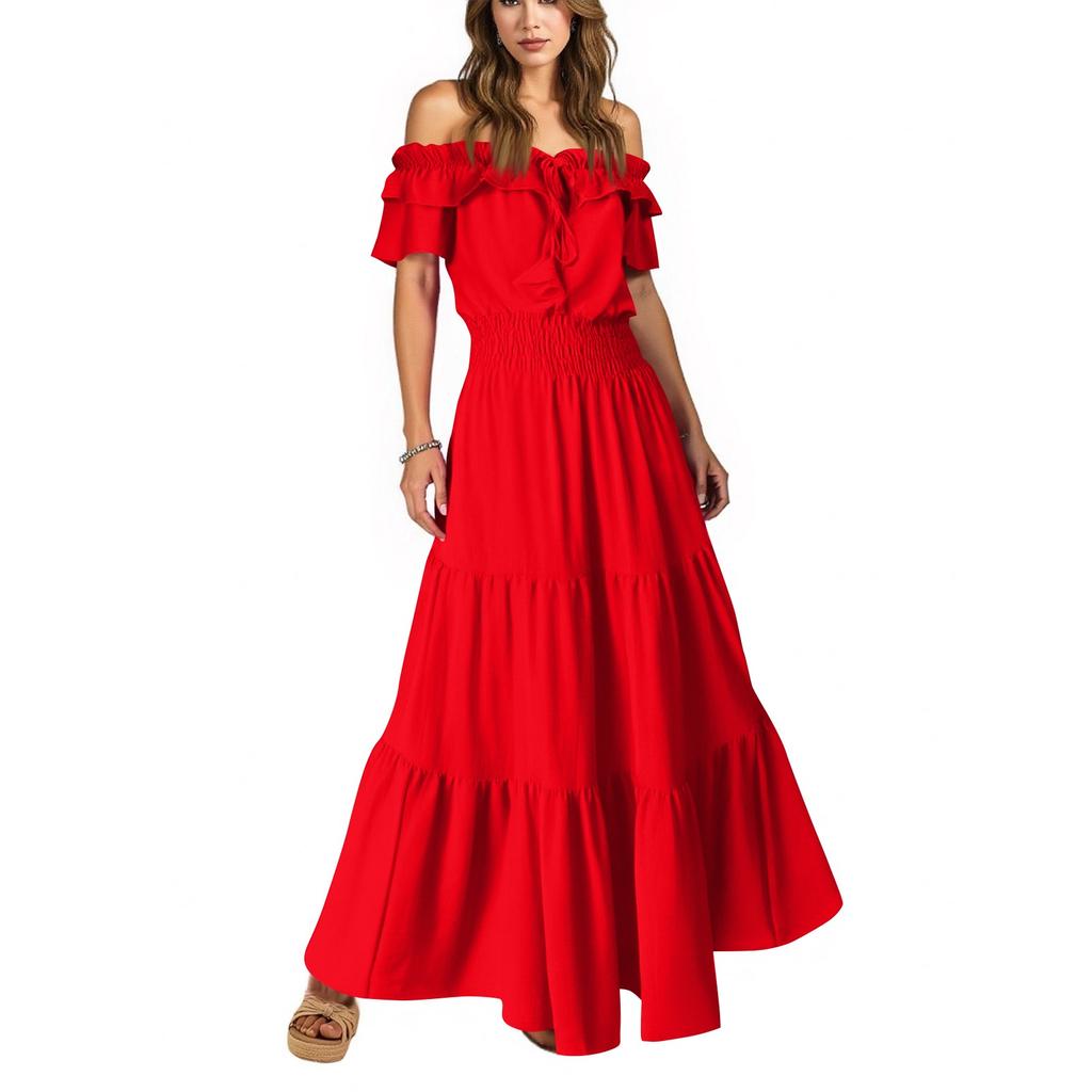 Women's Summer Casual Solid-color Tie Dress With Fringes, Strapless Cuffs And Puffed Sleeves