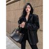 Kumikumi High Sense Black Lapel Long Sleeve Leather Coat Outerwear Women Autumn All-Match Loose Slimming Temperament Top