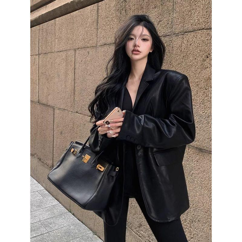 Kumikumi High Sense Black Lapel Long Sleeve Leather Coat Outerwear Women Autumn All-Match Loose Slimming Temperament Top