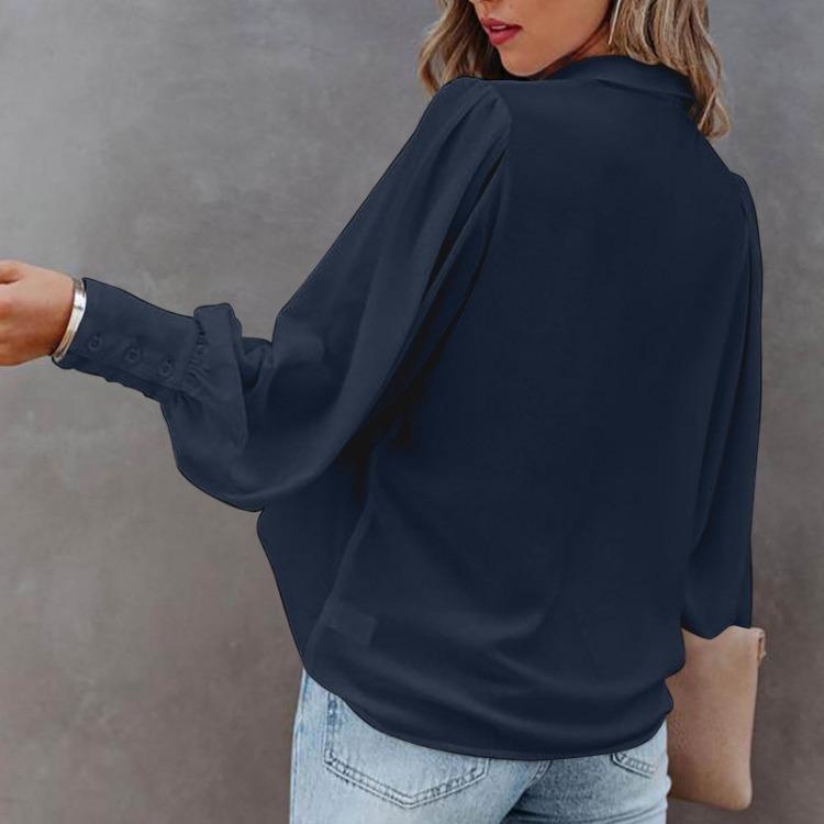 Women Loose Solid Color Button Down Shirt with Pleated Lantern Sleeves