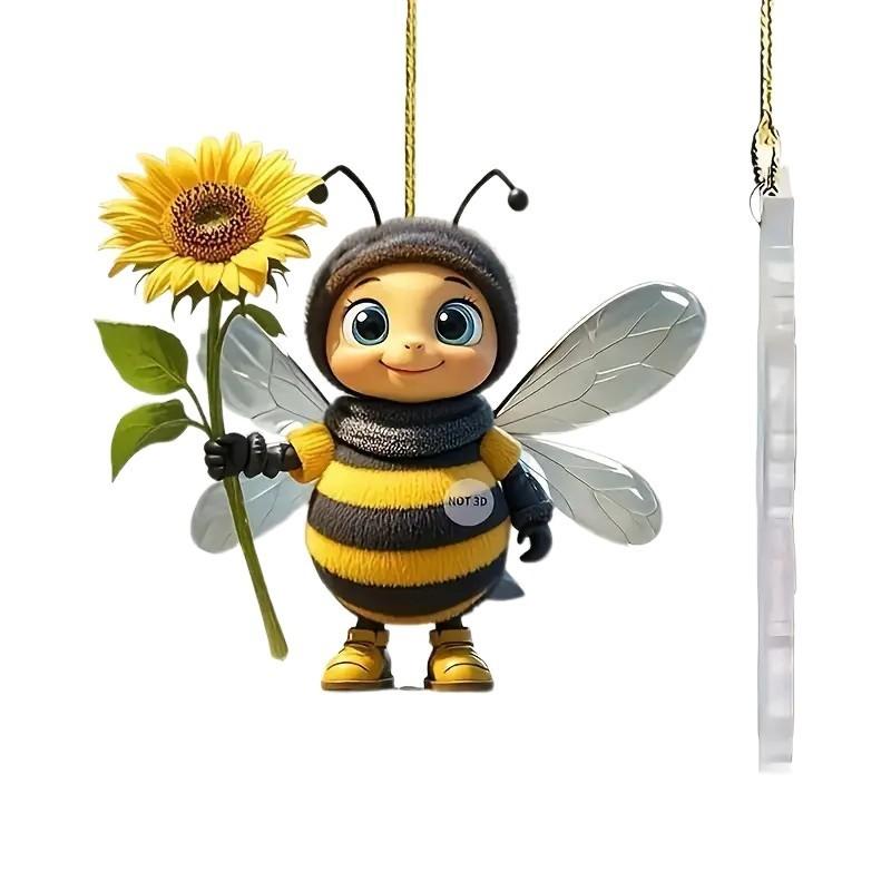 Flat Surface Acrylic Pendant With Cartoon Bee Holding Sunflower Design Decor For