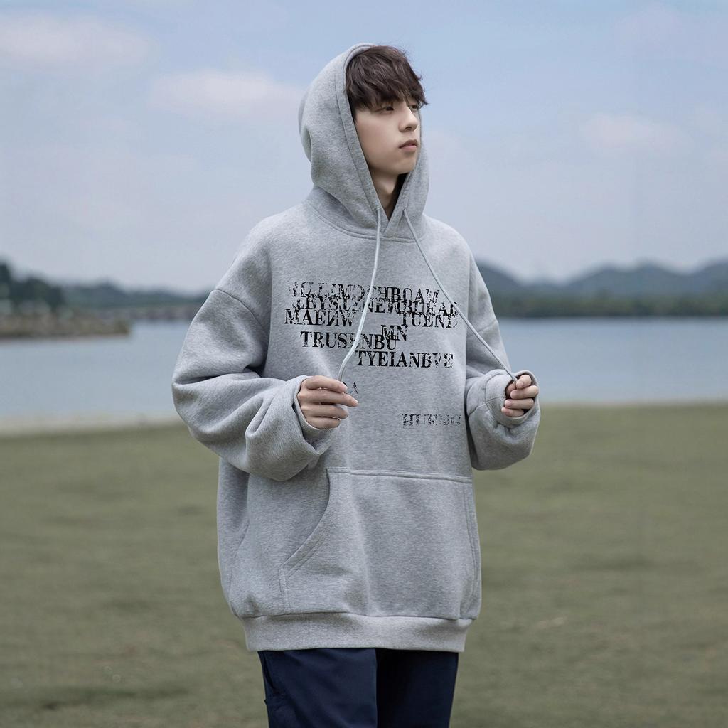 Letter Hooded Sweater Men's Autumn and Winter New Hat Rope Design Loose Fleece Thickened Coat