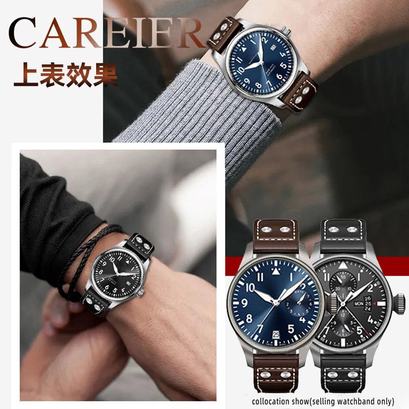 Für IWC Big Pilot Mark 18 Spitfire Braun blau Rindsleder Faltschließe Uhrenarmband Herren Echtes Leder Nieten Armband 21 22mm
