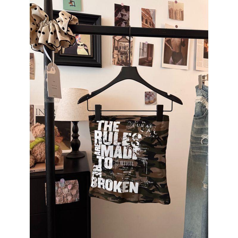 American vintage Letters Print Gyaru Red Tube Top Vest Women Summer Short Slimming With Chest Pad Outer Wear Top