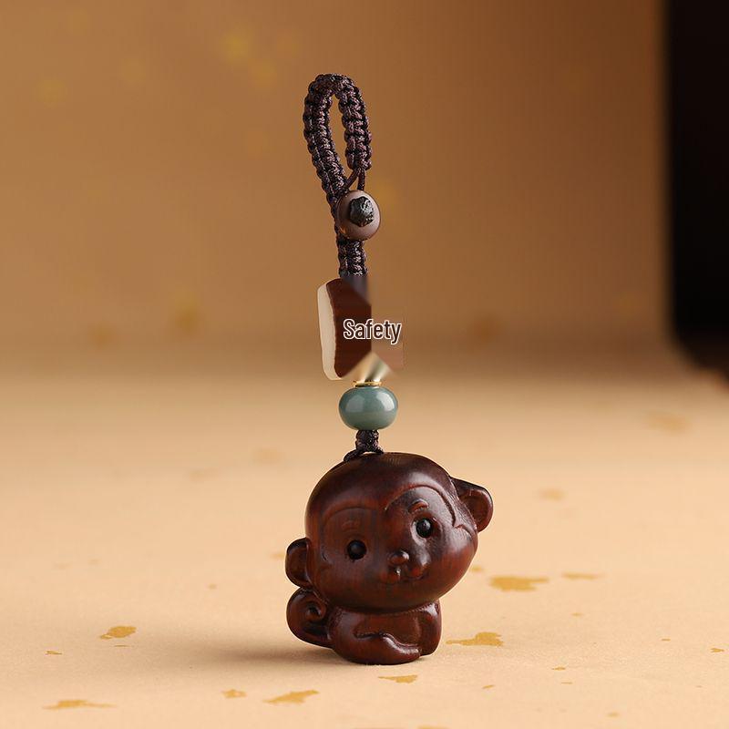 Sandalwood Zodiac Monkey Keychain Pendant: Retro Car Ornament for Men & Women