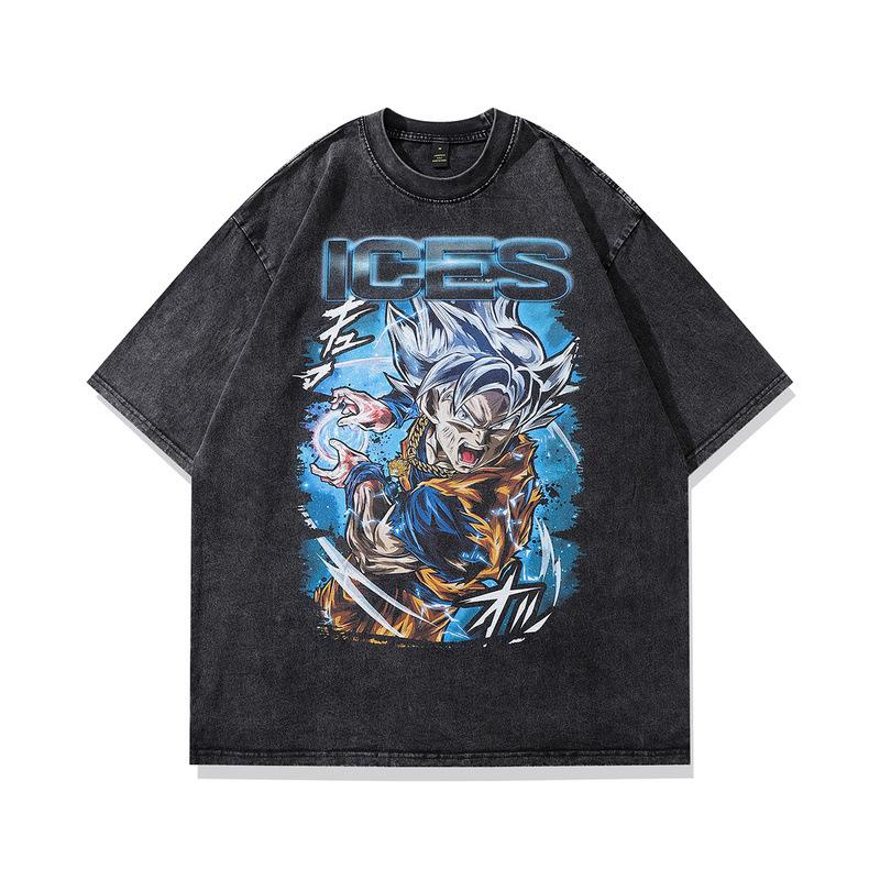 Trendy Brand Men'S T-Shirt Japanese Cartoon Direct Injection Printing 230G Heavy Pure Cotton Washed Loose Short-Sleeved T-Shirt Men'S