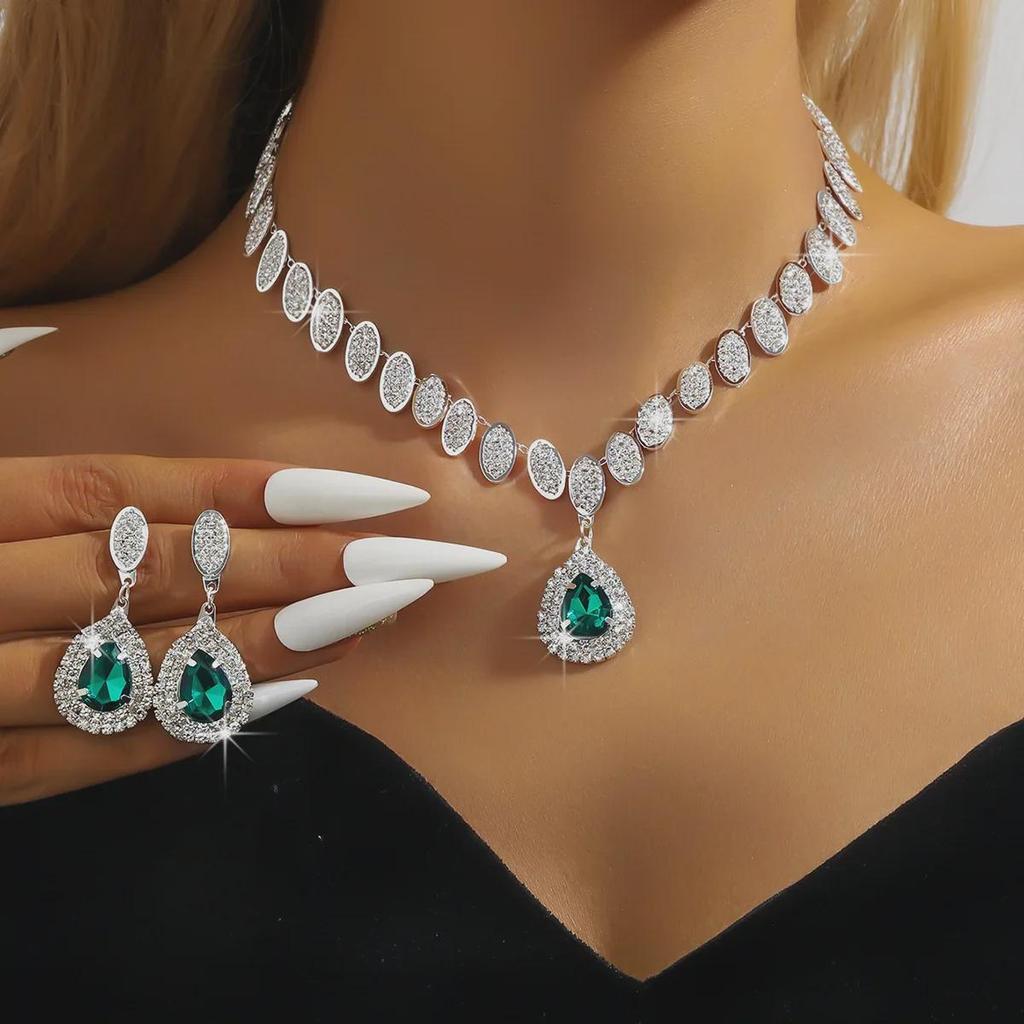 Elegant Diamond Earrings & Necklace Set - Luxury Jewelry for Ladies, Perfect for Dinner and Weddings, European & American Style.