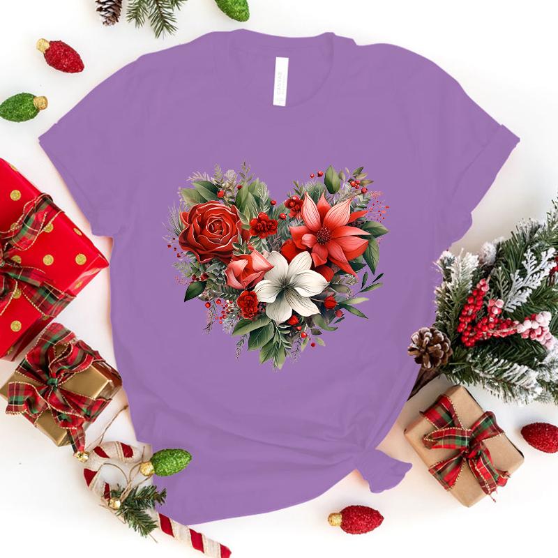 Christmas Flower Love Printed T-Shirts For Women Summer Tee Shirt Femme Casual Short Sleeve Round Neck Tops T-Shirts