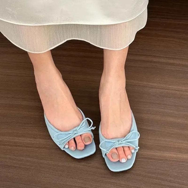 French Style High Heel Sandals 2025 New Summer Korean Version Thick Heel Slip-On Shoes Butterfly Knot Fairy Shoes Women Slides