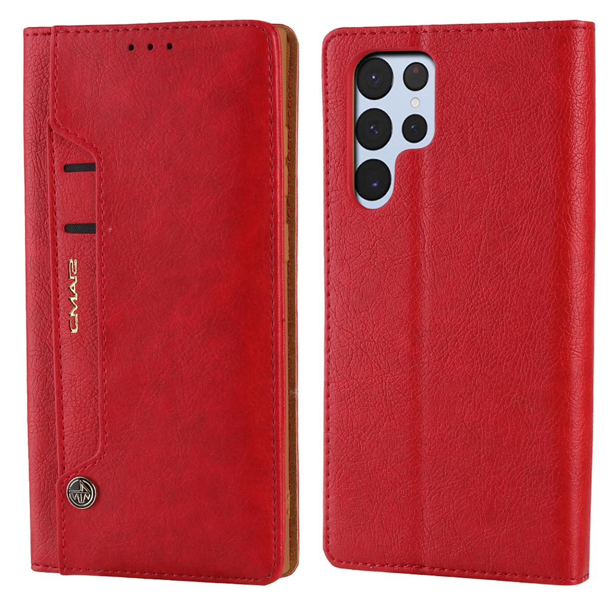 

CMAI2 For Samsung Galaxy S22 Ultra 5G Case Drop-proof PU Leather Stand Phone Protector Red