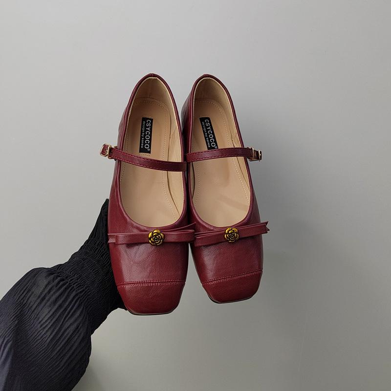 Vintage Camellia Buckle Mary Jane Soft Sole Soft Sole Flat Sole Shoes 35 красный