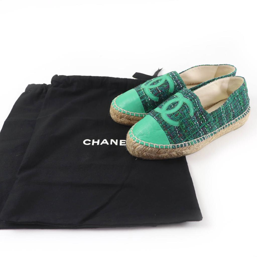 Excellent CHANEL Shoes COCO Mark Fabric Espadrilles Tweed Green Women 35 G29762 Used
