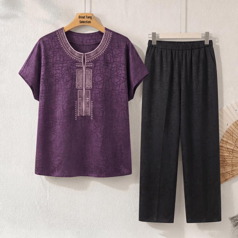 Ethnic Embroidered Loose Summer Set for Middle-Aged Women 6XL фиолетовый