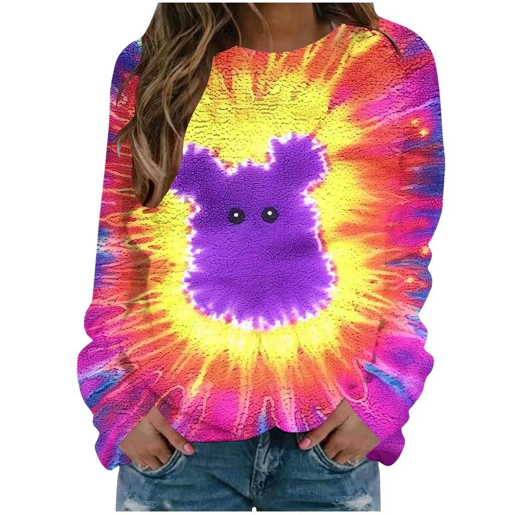 Round Neck 3D Tie Dye Rabbit Printed Top Fashionable Casual Long Sleeved Women's T-shirts