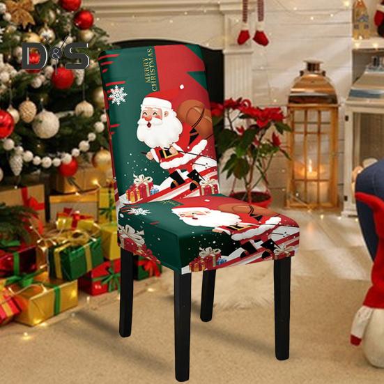 Christmas Chair Cover Dustproof Cartoon Santa Snowman Print Stretchable Fabric Anti-slip New Year Party Decoration Chair Protective Sleeves