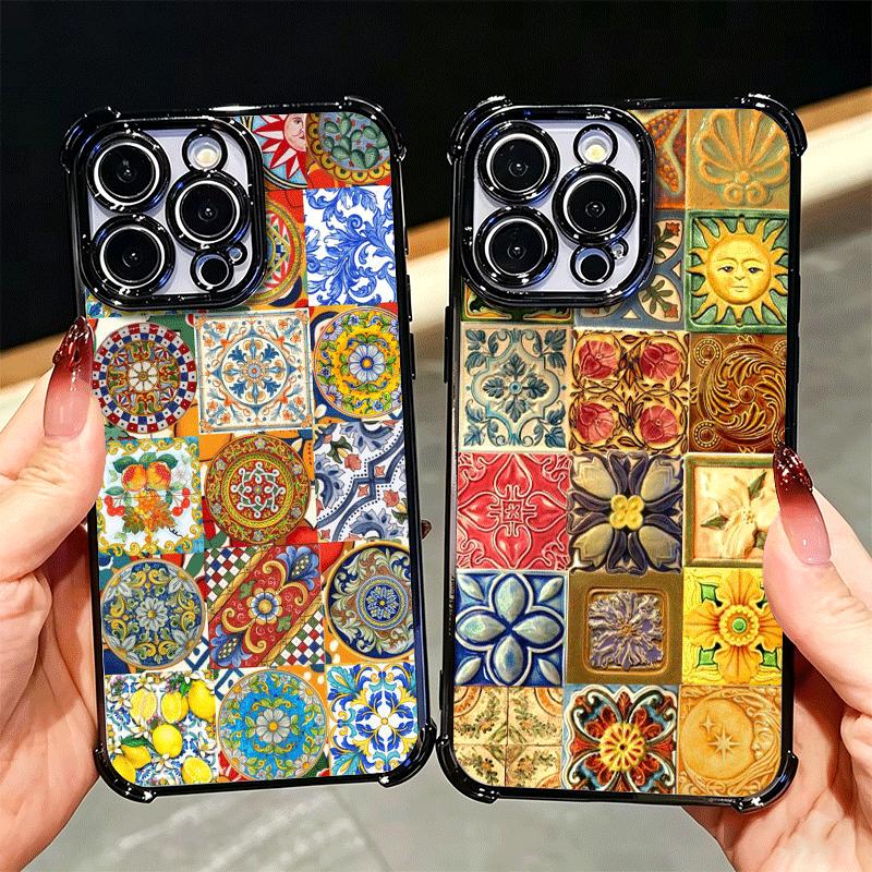 Italian Sicilian Style Floral Pattern Plating Phone Case For Xiaomi Poco X5 X6 X7 X8 Pro Max F8 Ultra F7 M8 M7 M5S Redmi 15C 15