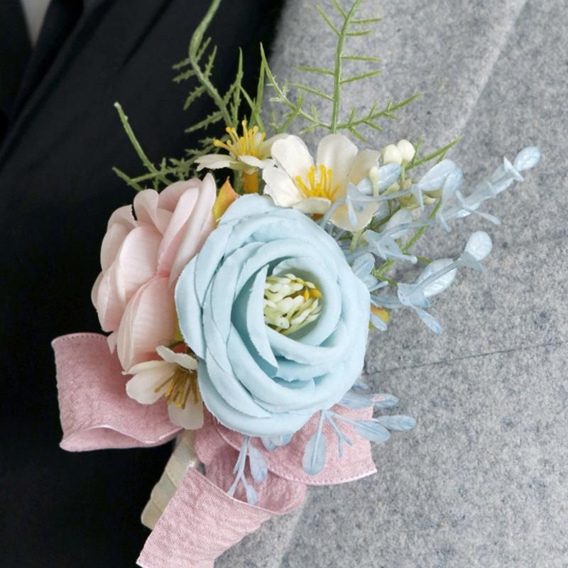 Set Of 5 Rose Boutonniere Silk Florals Lapel Pin Elegant Groomsmen Wedding Corsages Handmade Party and Prom Accessories