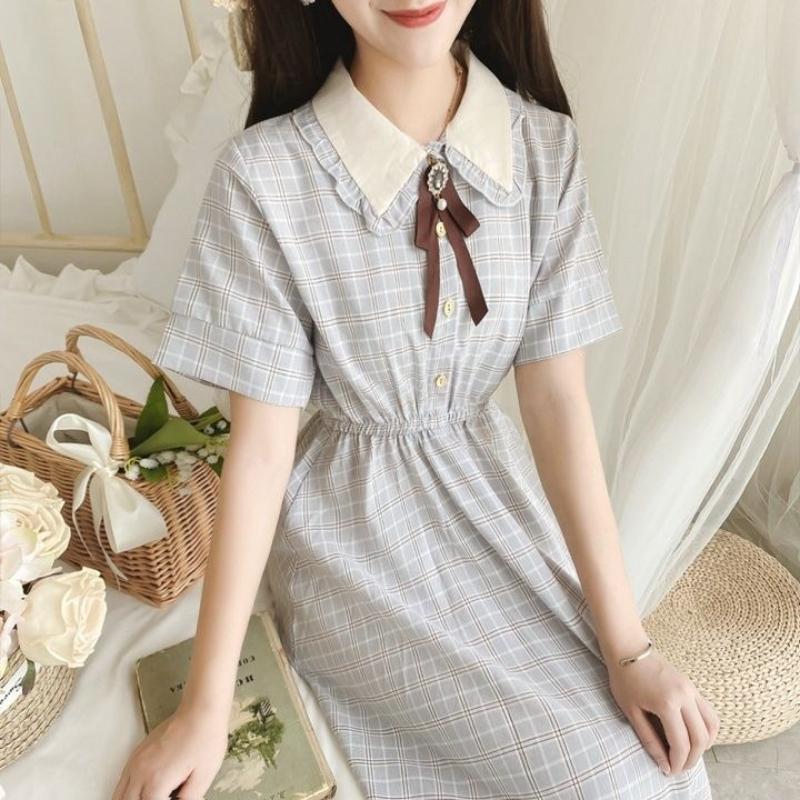 Girls' Fashionable Dress for Summer, Children's Doll-necked Pleated Checkered Chiffon Dress