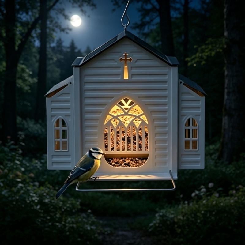 Church Shape Metal Solar Bird Feeders with Light Outdoor Hanging Church Birds Feeders Large Capacity Decorative
