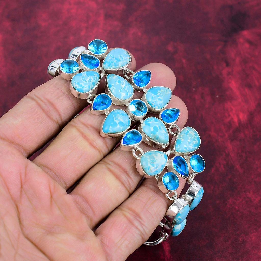 Larimar, Blue Topaz Bracelet Gemstone Jewelry, 925 Solid Sterling Silver Handmade Bracelet, Latest Design Jewelry