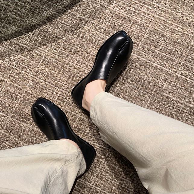 Cowhide Version~ Genuine Leather Pig's Trotters Split-toed Shoes, Flat Loafers, Women's Single Shoes, Retro Style, One Pedal, Small Leather Shoes