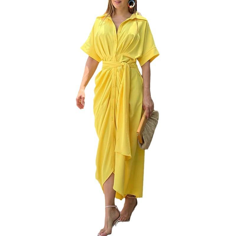 2026 Cross-border Foreign Trade Women's Clothing, New Spring Models In Europe, America, Solid Color Lapel Short Sleeves High Waist Long Shirt Dress