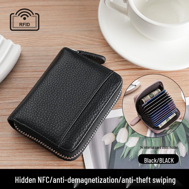 Women's Genuine Leather Zipper Card Holder - Anti-Demagnetization Multi-Slot Accordion Style