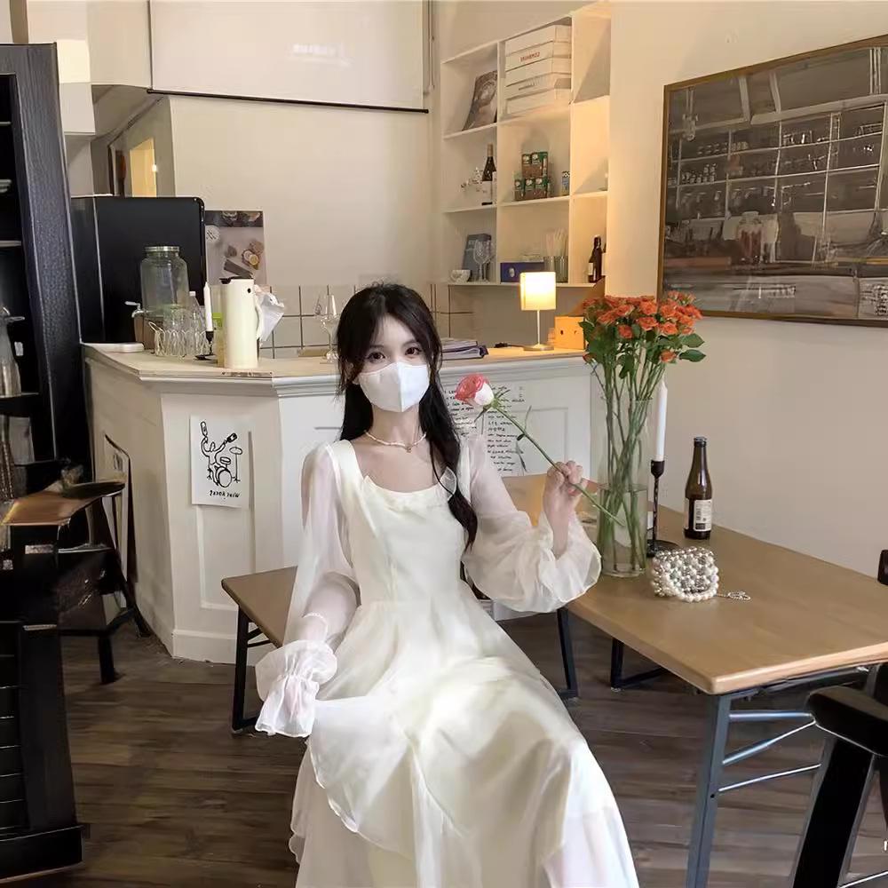 White French Ruffle Long Sleeve Dress: Waist-Defining Fairy Style for Seaside Vacations