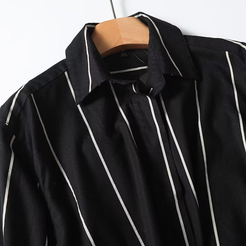 2025 Spring Women's Tie-Up Striped Turn-Down Collar Long-Sleeve Shirt - Versatile Commuter Fashion