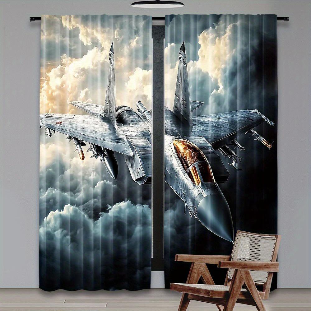 2PCS Vintage Military Airplane Sky Cloud Curtains Rod Pocket Top for Bedroom Living Room Dining Room