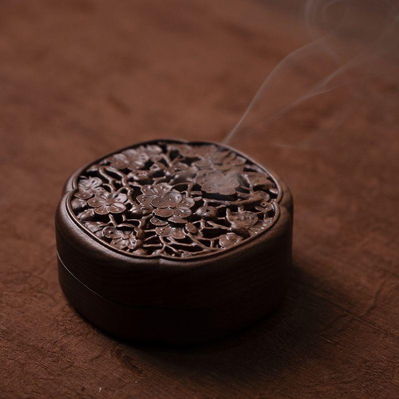 Black Walnut Hollow Incense Burner with Lid, Large Solid Wood Home Interior Aromatherapy Tea Ceremony Decoration