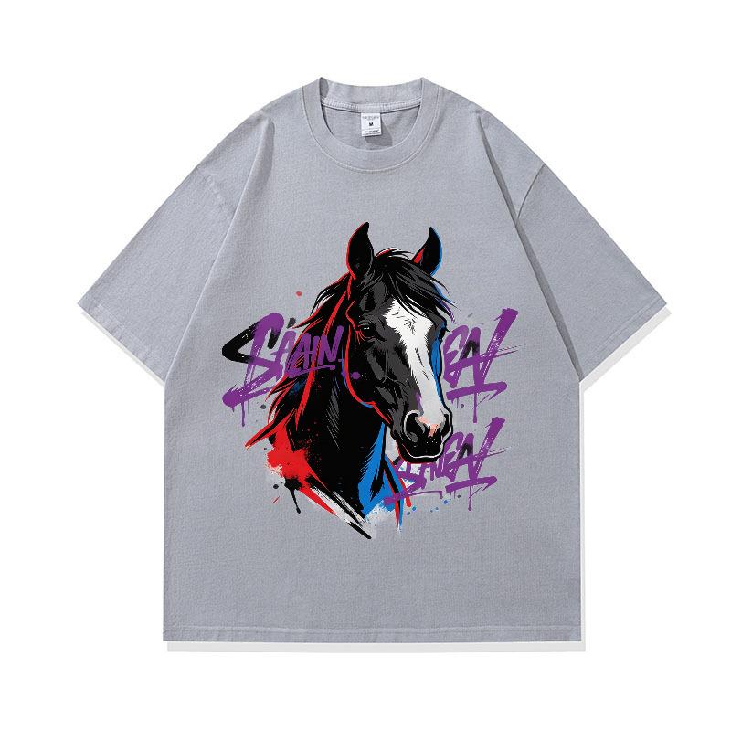 Digital Printing American Retro Horse Pattern Loose Short-Sleeved T-Shirt Digital Direct Injection Printing Custom