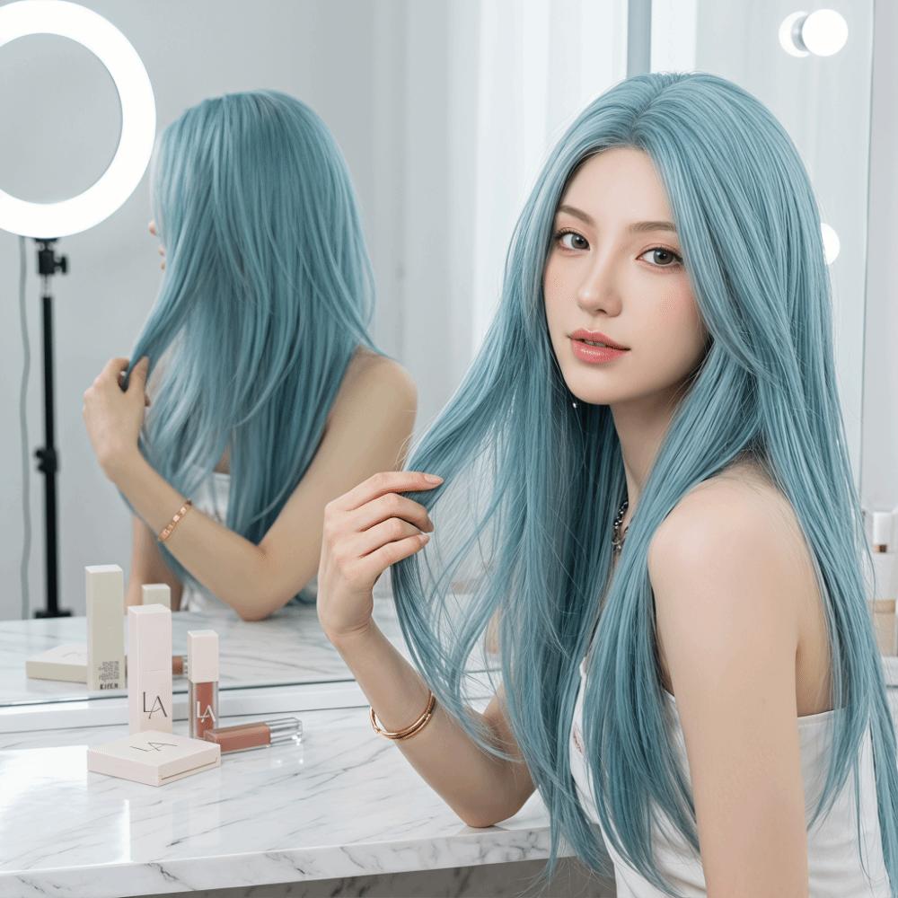 Layerd Sea Salt Blue Wig Harajuku Lolita Cosplay Wig Sweet Long Straight Synthetic Wig Carnival