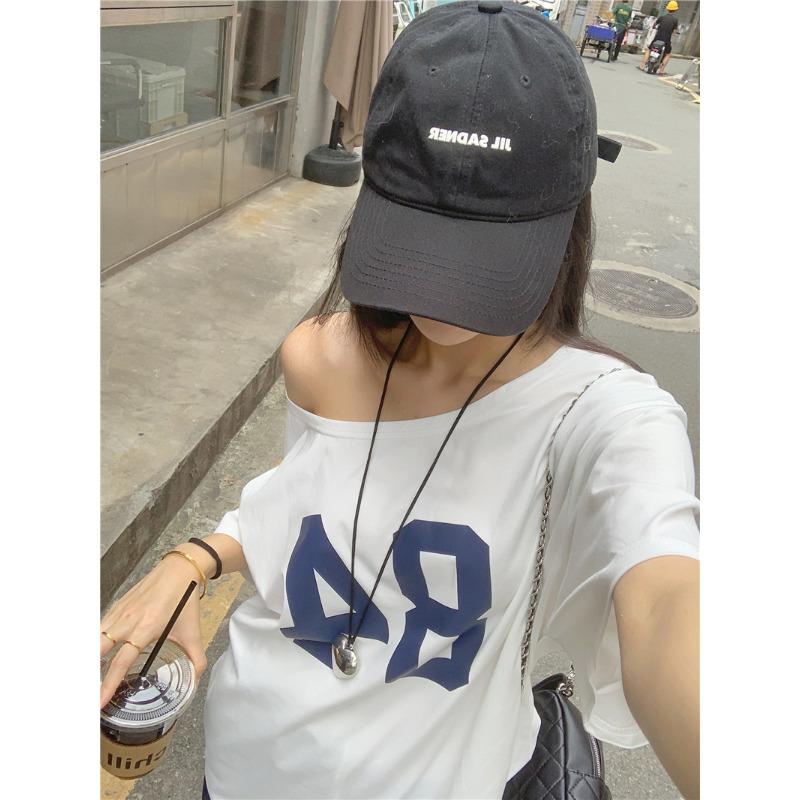 Letter Print Off-the-shoulder T-shirt for Women's Summer New Casual Loose Medium and Long Student Top for Women