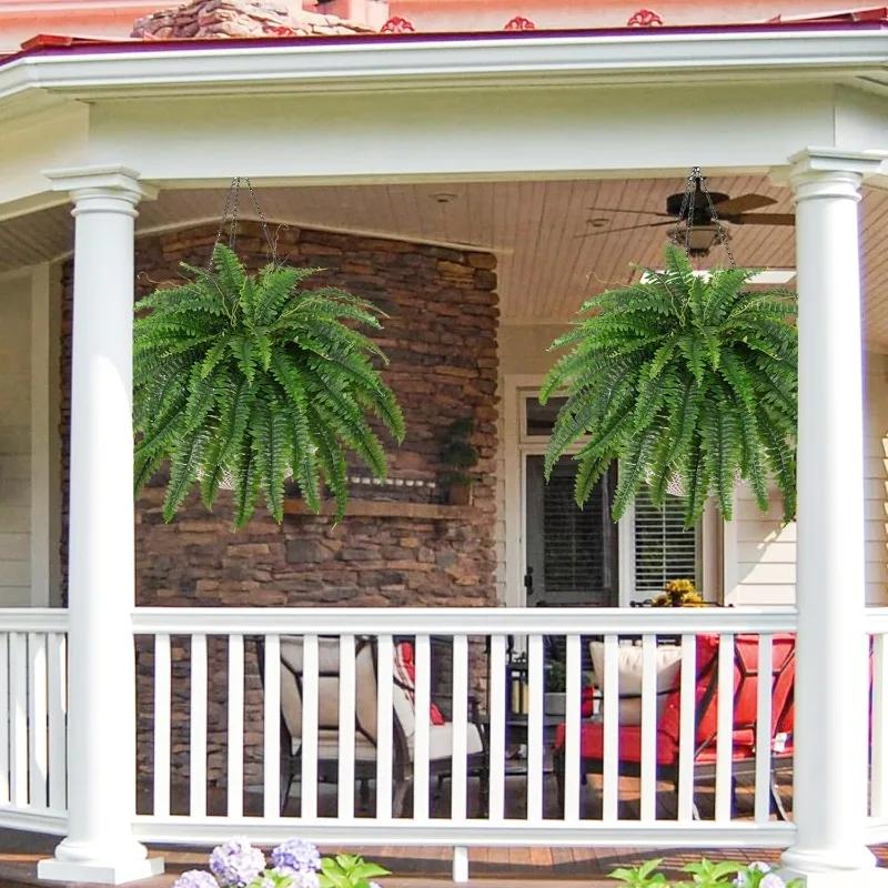 Artificial Boston Fern Bush- Set of 2 Large Artificial Ferns for Outdoors, 42Inch Large Faux Ferns, 51Branches for Each Bouquet
