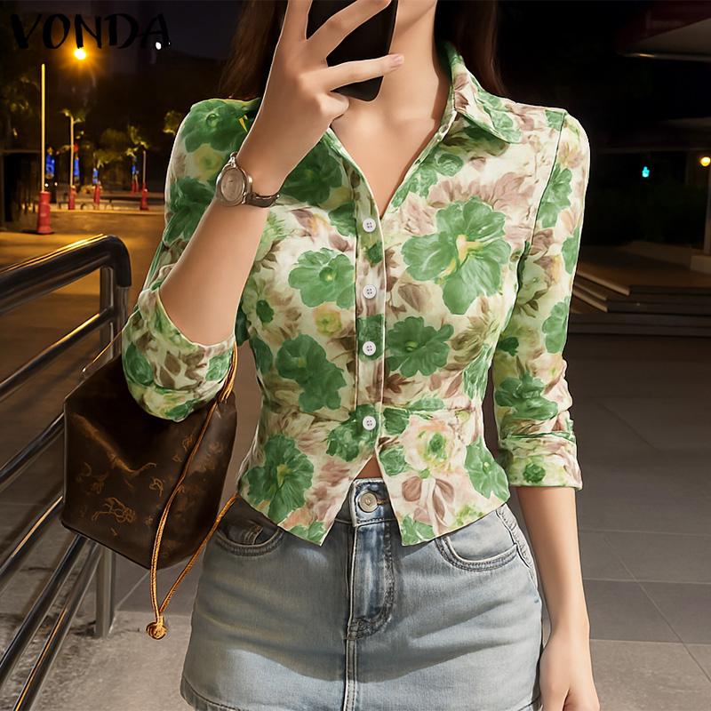 

VONDA Женская блузка с лацканами, рукавом 3/4, цветочным принтом, приталенная, повседневная, укороченная XL зелёный